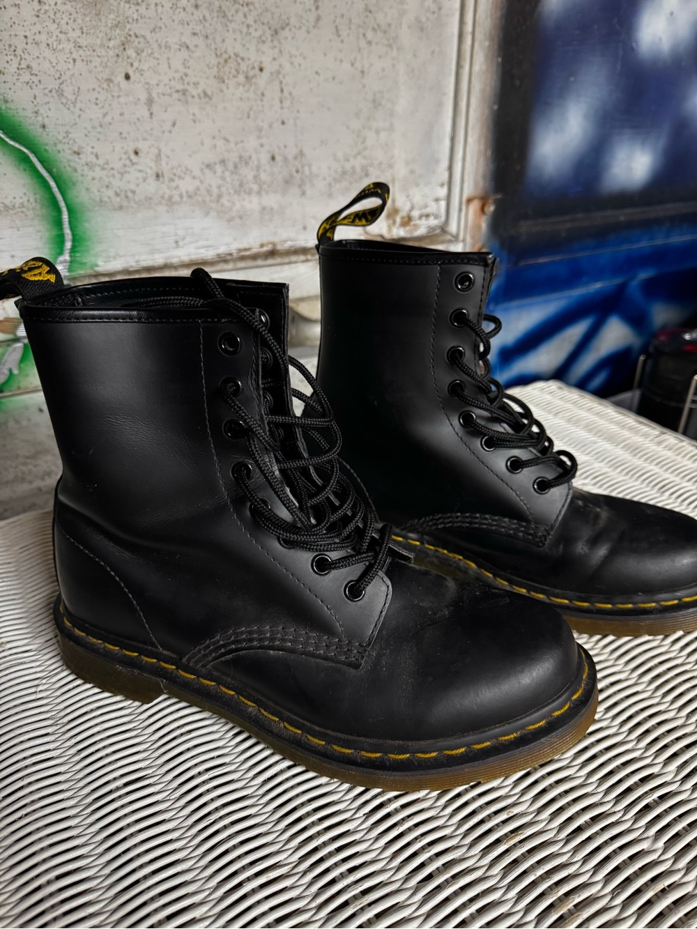 Dr. Martens Black Leather 8-Eye Combat Boots with Yellow Stitching